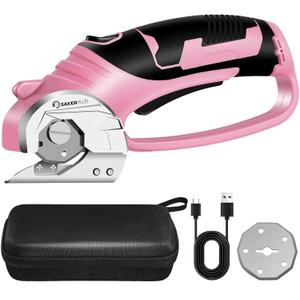 4V Cordless Electric Scissors, Rechargeable Box Cutter & Cardboard Cutter with LED Light, Rotary Cutter for Fabric, Leather, Carpet, Plastic, Crafting, Sewing with Storage Box -Pink