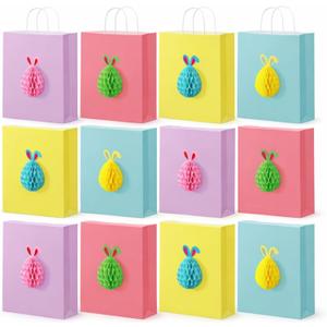 Eaasty 12pcs Easter Paper Egg Colorful Bag with 3D Honeycomb Pattern and Handles Easter Egg Paper Bags Candy Bags for Party Hunt Supplies