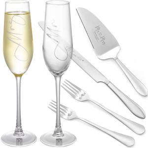 Wedding Champagne Flutes and Cake Knife Server Set for Bride and Groom, Mr and Mrs Wedding Gifts for Couple 2024 for Engagement Bridal Shower Gifts (Silver)