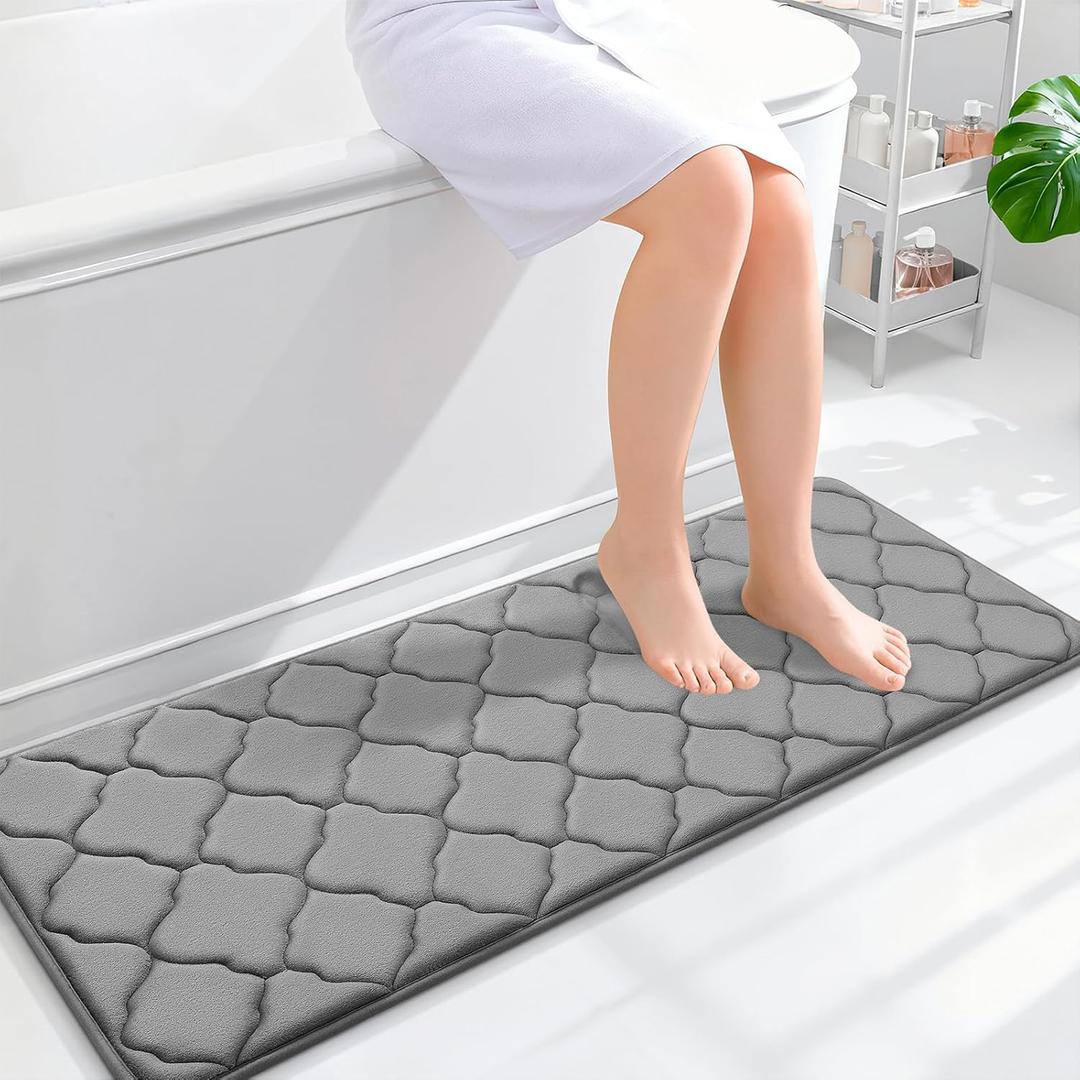 OLANLY Memory Foam Bath Mat Rug 47x17, Ultra Soft and Absorbent Bathroom Rugs, Non-Slip, Comfortable, Machine Washable Bath Carpet for Bathroom Floor, Tub, Shower and Home Decor Accessories, Grey