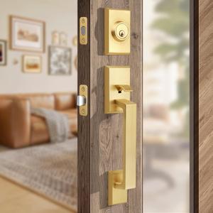Moquin Brushed Gold Square Front Door Handle Set, Heavy Duty Entry Door Handleset with Keys, Exterior Door Lock with Single Cylinder Deadbolt, Satin Brass Reversible Door Lock for Right & Left Door