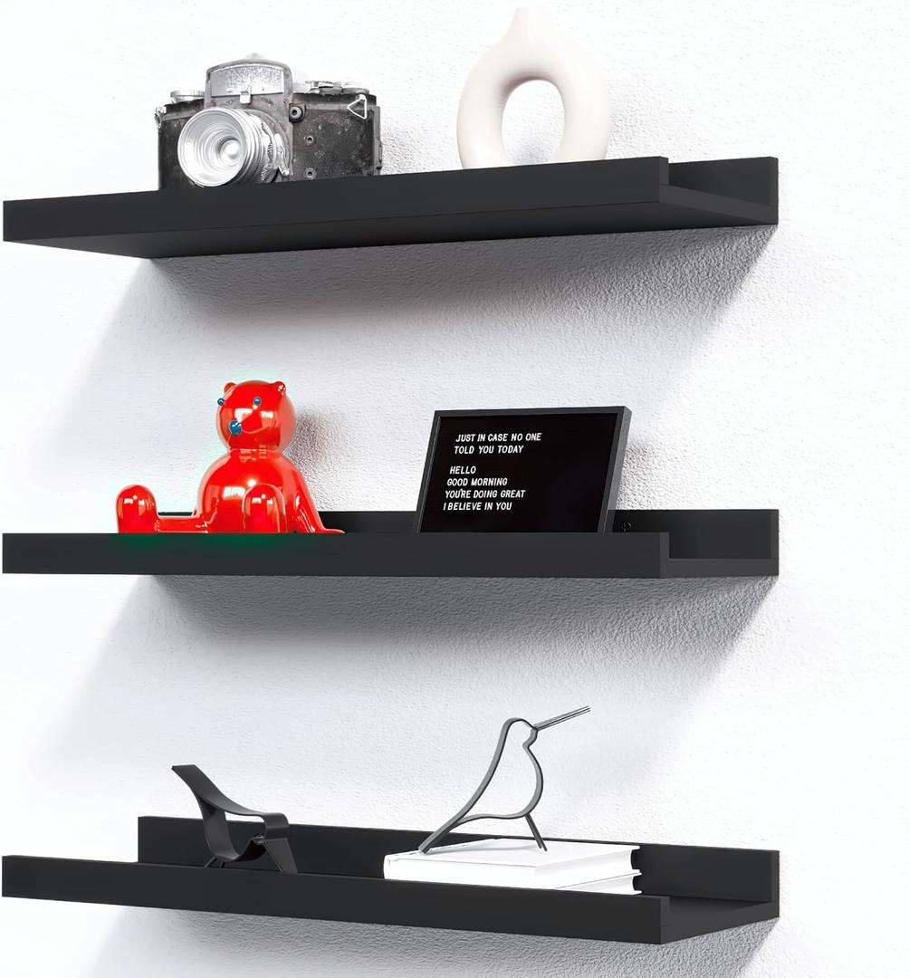 RICHER HOUSE 3 Set Floating Shelves for Wall, 16 inches Black Wall Mounted Shelves with Lip for Storage, Display Picture Ledge Shelf for Bedroom Bathroom Kitchen Living Room Decor, Modern Black