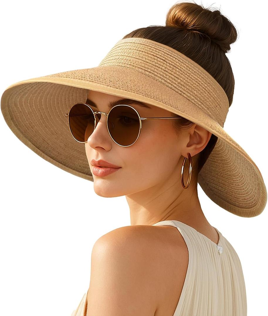 Women's Sun Visor Hats Wide Brim Straw Beach Hat Ponytail Hats for Women Foldable Floppy (1pack-khaki)