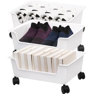 Noamus 3 Pack Under Bed Storage, Underbed Toys Storage Containers with Wheels, Plastic Bedroom Storage Organization, Under Bed Storage Bins Drawer For Clothes Blankets Shoes Books, White