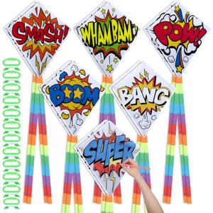 12 Pcs DIY Hero Kites for Kids Bulk Color Your Own Diamond Shaped Kites Making Kit with 12 String and Long Tails Decorating Coloring Pack for Kids Outdoor Games Beach Park