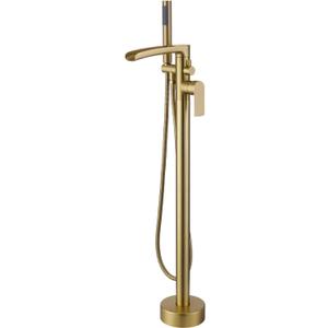 TapLong Waterfall Freestanding Bathtub Faucet Set Single Handle Floor Mount Tub Filler with Hand Shower High Flow Rate Max 6 GPM, Brushed Gold, 51019BG