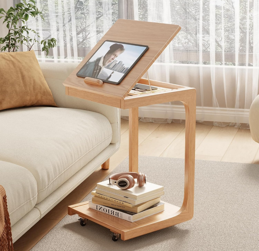KASLANDI C Shaped Table for Couch, C Table with Wheels,Wooden Couch Table Adjustable Desktop for Living Room,Bedroom - Natural Color