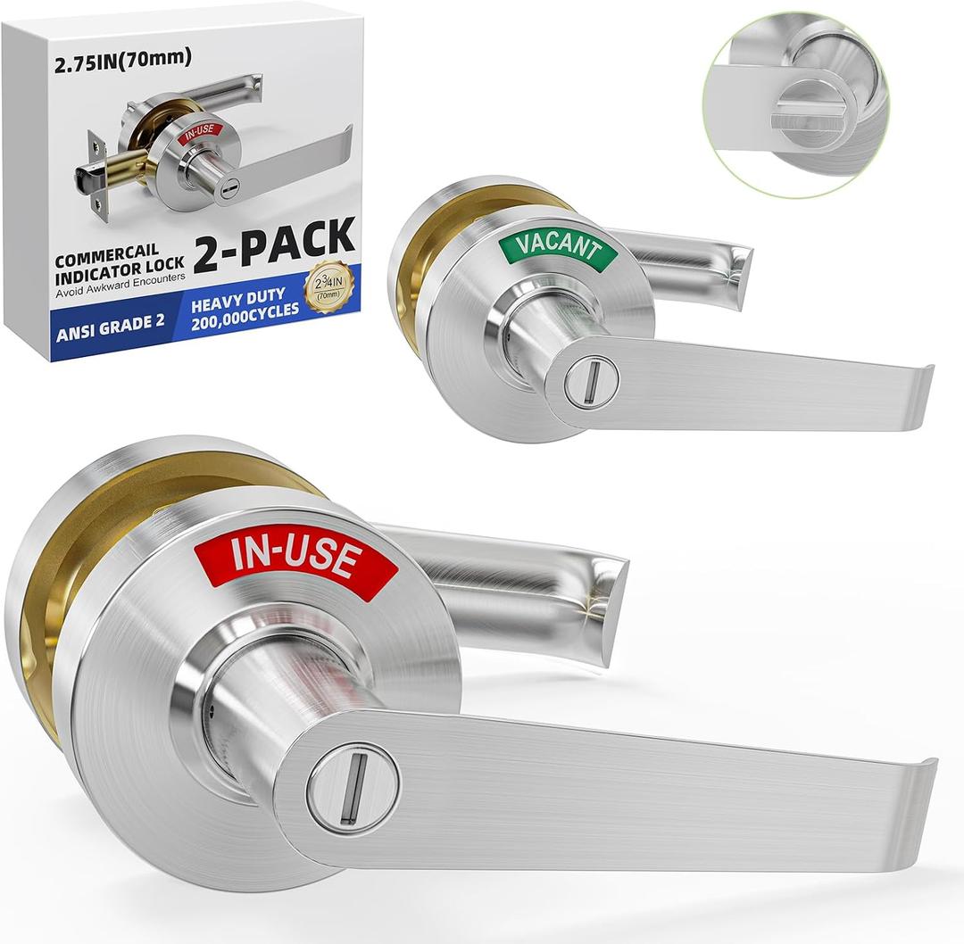 2Pcs Commercial Bathroom Door Handle, Vacant Occupied Bathroom Lock| Indicator Door Knob, Occupied Door Handle for Restroom/Washroom, ANSI Grade 2 for Office, Gyms, Bars