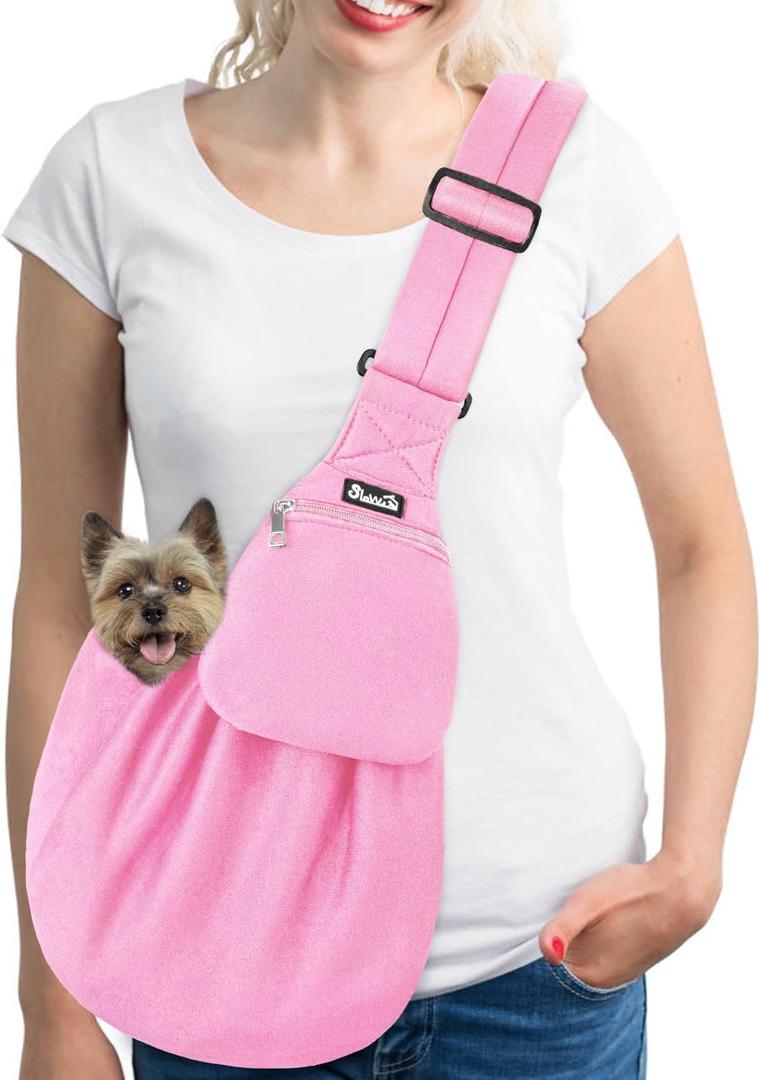 SlowTon Dog Carrier Sling - Thick Padded Shoulder Strap Adjustable Dog Carriers for Small Dogs, Puppy Carrier Purse for Pet Cat with Front Zipper Pocket Safety Belt Machine Washable (Baby Pink, M)