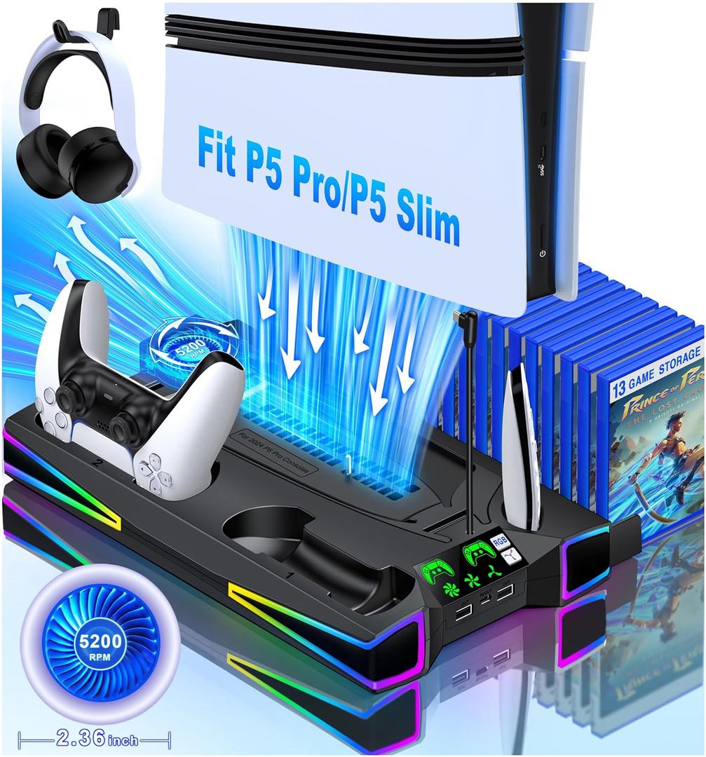 PS5 Stand Cooling Station for PS5/PS5 Slim Console, PS5 Accessories Vertical Stand with 2.36in Large P5 Fan Cooling Fan, Colorful Light, Dual Controller Charger, Headset Holder, 3 Charger Port-Black
