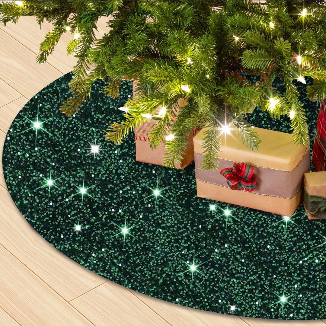 WUPIOS 36Inch Emerald Green Christmas Tree Skirt Sparkly Xmas Tree Skirt Cover Unique Sequence Xmas Tree Collar for Artificial Trees Halloween Tree Carpet for Christmas Home Indoor Outdoor Party Decor