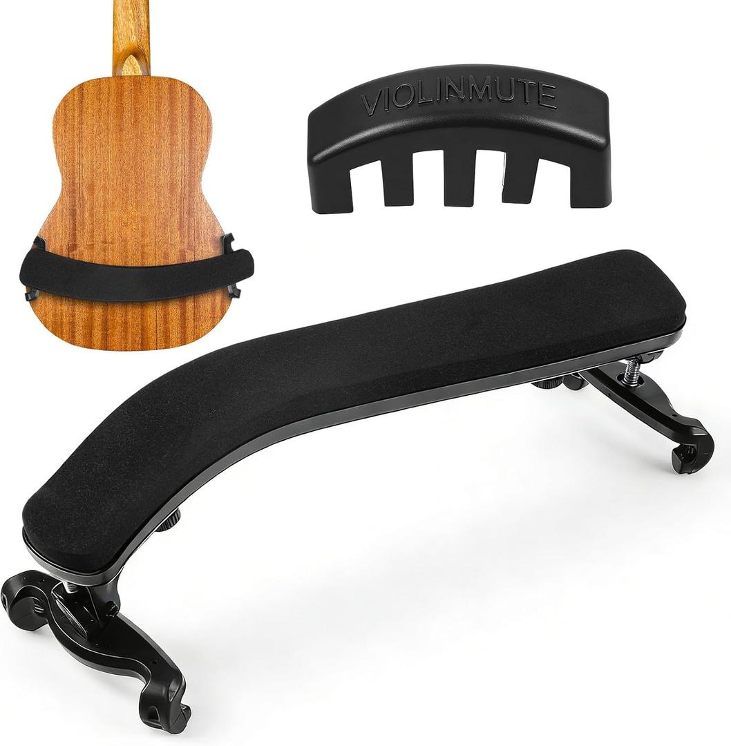 Violin Shoulder Rest for 4/4-3/4 Size with Comfortable Foam Pad & Height Adjustable Feet Ergonomic Violin Chin Rest Parts, Including a Violins Practice Mute(Black)
