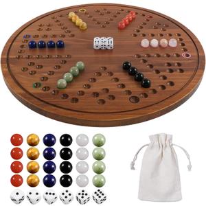 Circular Large Marble Board Game with Double-Sided Painted Wooden Fast Track Board Game with 30 Marbles 6 Dice4-Player Game 6-Player Game Universal Original Natural Marble (Burnt Color)
