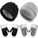 2 Sets Baby Warm Winter Hat and Mitten Gloves Set for Kids Toddler Children Knit Beanie Hat Gloves for Girls Boys(Black, Grey,1-3 Years)