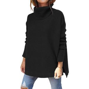 LILLUSORY Women's Turtleneck Oversized Sweaters Long Batwing Sleeve Spilt Hem Tunic Pullover Knit Tops (Large, Black)