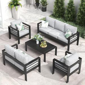 LayinSun Outdoor Aluminum Furniture Set, 5 Pieces Patio Sectional Conversation Chat Sofa Modern Seating Set with Coffee Table