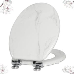 Angel Shield Marble Toilet Seat Durable Molded Wood with Quiet Close,Easy CleanQuick-Release Hinges (Elongated,White Marble)