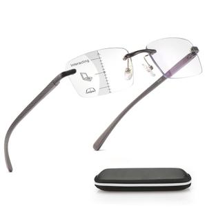 Missfive Premium Aluminum Progressive Multifocus Reading Glasses Men Blue Light Blocking, No-Line Multifocal Rimless Readers Metal Spring Hinge Office Eyewear Workspace for Near-Range, +2.0