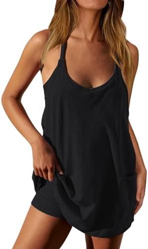 Nirovien Womens Tennis Dress Workout Mini Dress with Shorts Sleeveless Spaghetti Straps Golf Athletic Dresses,size M