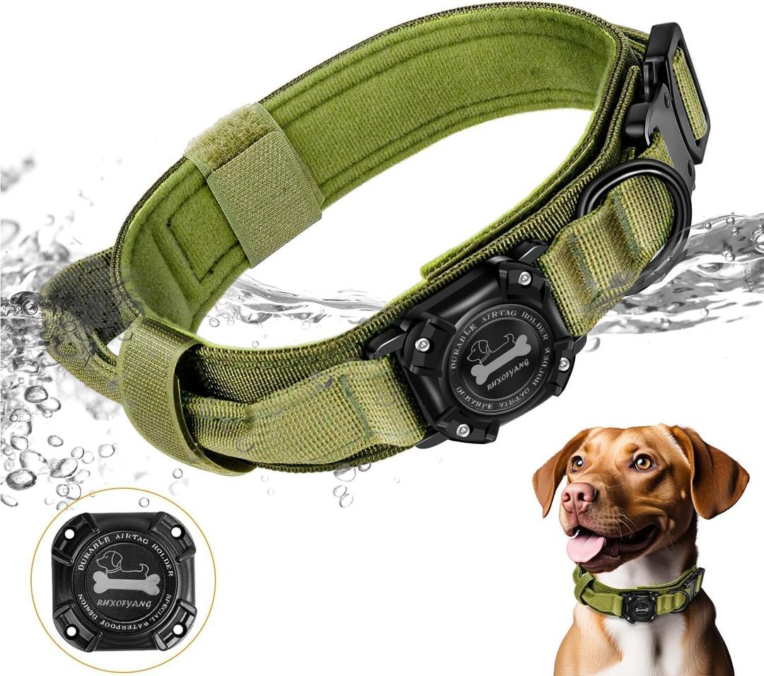 Dog Collar with Airtag Holder, Airtag Dog Collar IP68 Waterproof with Control Handle and Metal Buckle, Military Tactical Air Tag Dog Collar Holder for Medium Large Dogs(Green, L) (L(16.5in-20.5in))