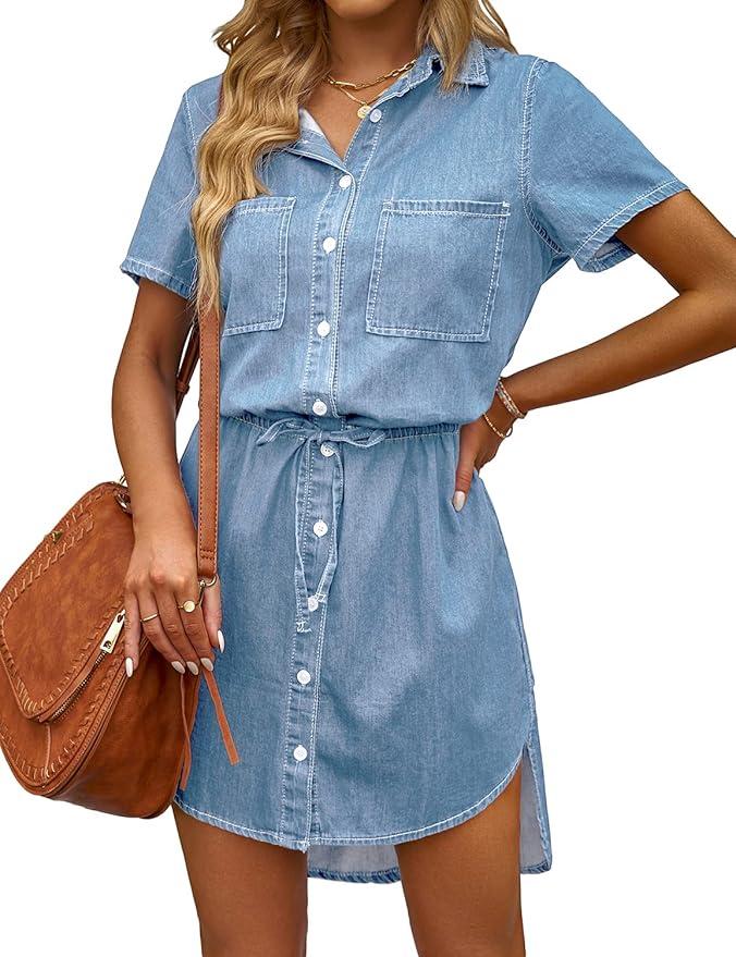 luvamia Women Casual Denim Dress Short Sleeve Tie Waist Classic Jean Shirt Dress XS 