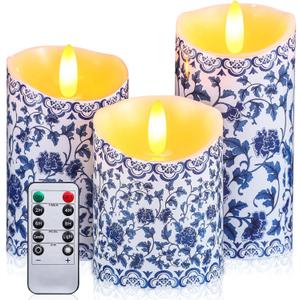Tujoe 3 Pcs Chinoiserie Flameless Candles Blue and White Battery Operated Candles Blue White Floral Printed Faux Candles with Remote Timer for Wedding Garden Festive Home Party Decoration