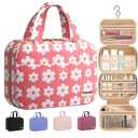 HOTOR Travel Toiletry Bag - Hanging Toiletry Bag for Women & Men, Makeup Bag/Big Comparment, Waterproof for Travel Accessories, Travel Essentials, Medium, Pink with White Daisy