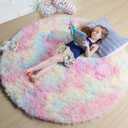 Amdrebio Rainbow Fluffy Round Rug 4Ft Kids Rugs for Girls Bedroom, Unicorn Room Decor, Colorful Pastel Shag Carpet for Preppy Dorm, Soft Cute Fuzzy Kawaii Circle Area Rugs for Baby Nursery, Playroom