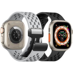 Magnetic Anti Sweat Sport Band/Strap for Apple Watch, Waterproof Breathable Silicone Correas. Para Compatible with iWatch Ultra SE Series 3,For Women Men, 2Pack-44mm/45mm/46mm/49mm (M-Black&Grey)