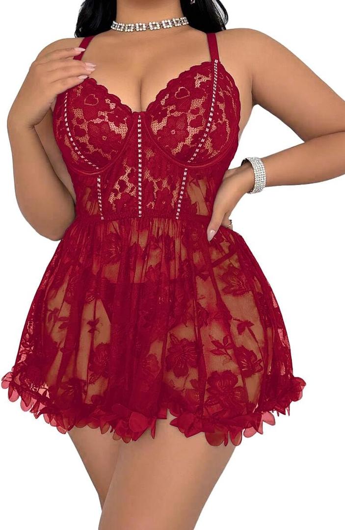 Plus Size Lingerie for Women Open Back Sexy Lingerie Dress Floral Lace Baby Doll Chemise Lace Nightgown (4X-Large, Color: WineRed)