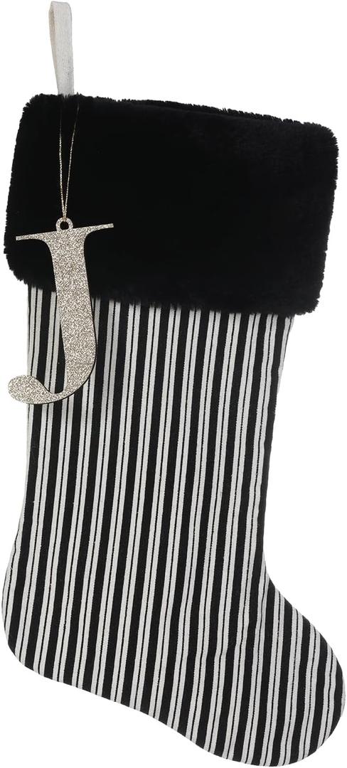 JKSVE 20 Inch Black Vertical Stripe Christmas Stocking, Personalized Gold Wooden Initial Monogram Christmas Stocking, Christmas＆Halloween Holiday Party Decor (J）