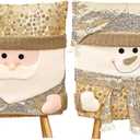 Christmas Chair Covers, Set of 2 Cartoon Christmas Dining Chair Slipcover, Cute Santa Claus Snowman Reindeer Xmas Chair Back Covers, Gold Glitter Seat Cover for Home & Kitchen Decor (Santa & Snowman)