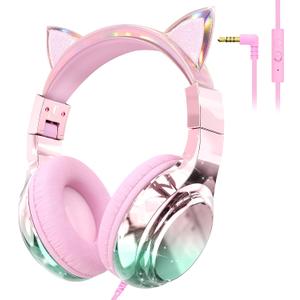 QearFun Kids Cat Ear Headphones Wired with Mic, 85/94dB Safe Volume Limit, Sparkly Wired Headset, Foldable, Sharing Port & Tangle-Free Cord for School, Chromebook, Tablet, Travel, Boys & Girls