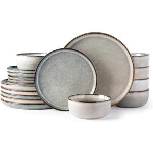GBHOME Ceramic Dinnerware Sets for 6, 18 Pieces Stoneware Plates and Bowls Sets, Reactive Glaze Dishes -Scratch Resistant, Dishwasher&Microwave Safe, Green Wheat