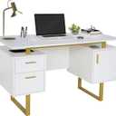 Techni Mobili Storage Drawers and Cabinet 51.25 W-Modern Office Large Floating Desktop Surface Desk, 23.6" D x 51.2" W x 29.8" H, White/Gold