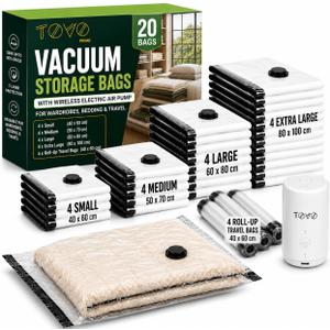 20 Pack Vacuum Storage Bags with Rechargeable Pump for Travel & Luggage
80% Space Saving, Airtight Dual-Zip Seal, USB-C Cordless Quick Deflate, Puncture-Resistant, Assorted Multi-Size Assortment