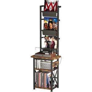 Record Player Stand with Power Outlet, 6 Tier Vinyl Record Display Shelf, Record Player Table with album storage up to 200 Albums, Console Organizer Display Shelf, Gifts for Music Lovers
