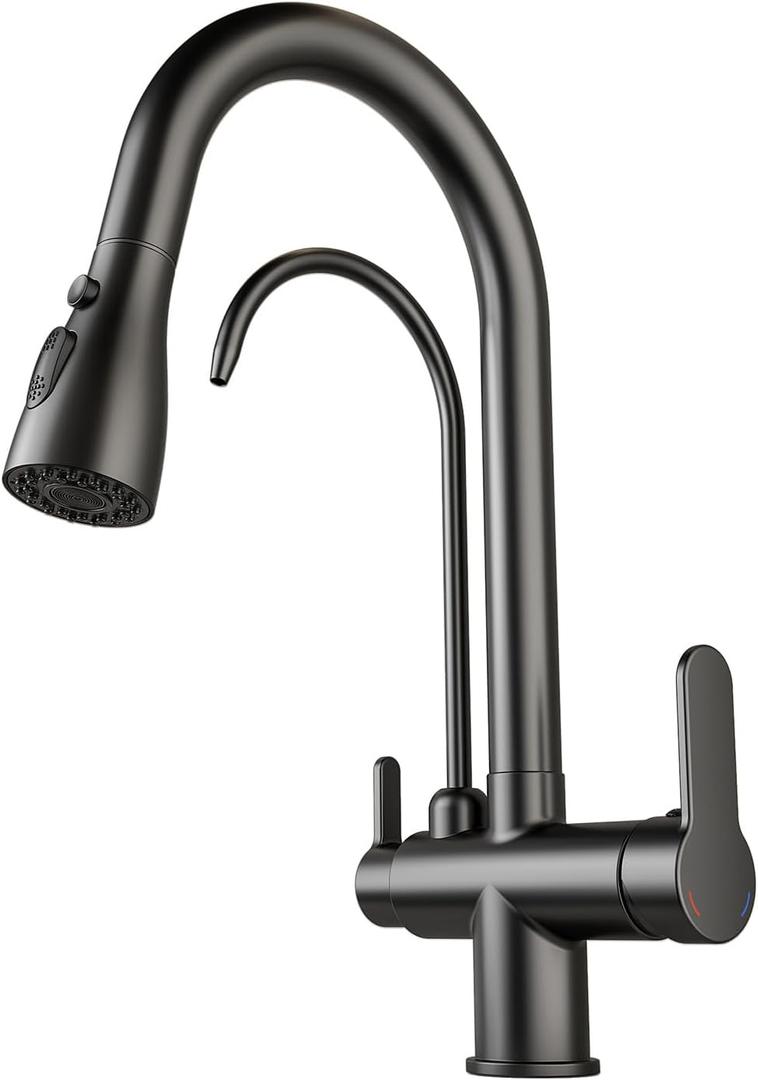 Kitchen Sink Faucet with Pull - Down Sprayer, 2 - Handle 3 - in - 1 Kitchen Sink Filter Faucet, Cold and Hot Mixer Drinking Water Faucet (3-in-1 Filter Faucet, Black)