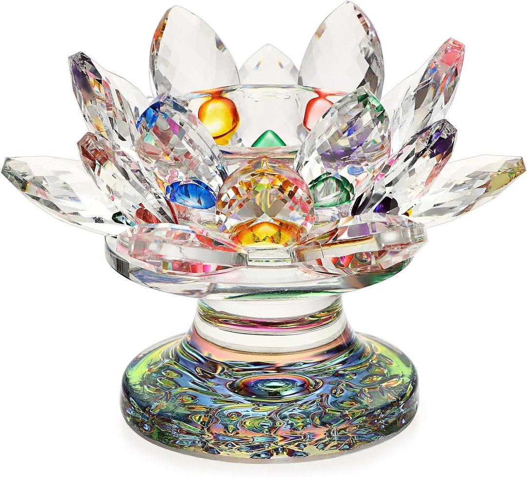 OwnMy Crystal Lotus Flower Tea light Holder Lotus Petals Candle Holder Stand Candlestick with Glass Base, Votive Flower Tealight Holder with Gift Box for Home Decor Window Sill Wedding Party, Colorful