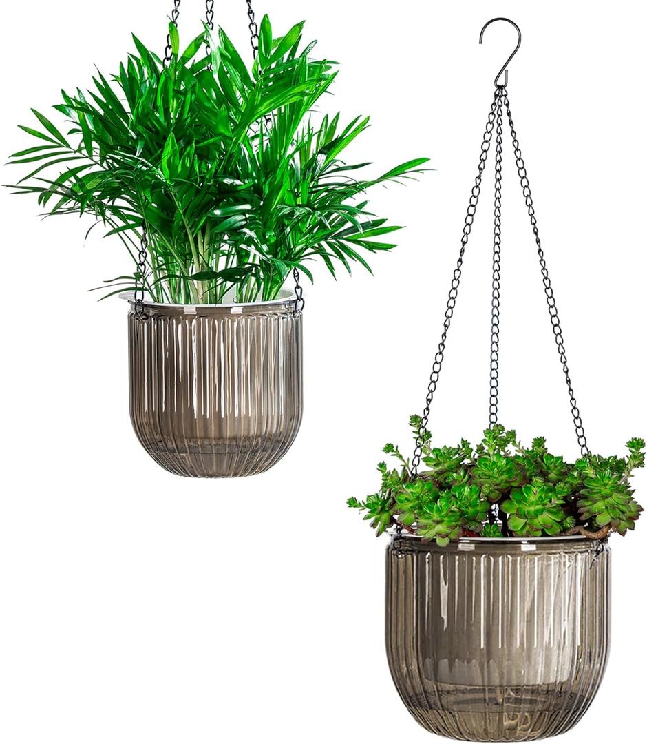 Josteve 5.2/8.2 Inch 2 Pcs Self Watering Hanging Planter Indoor Plant Pots Drainage Holes, Outdoor Small Hanging Planters Flower Pot Basket, Visible Water Level, Plant Hanger Home Decor, Gardening (Gray)