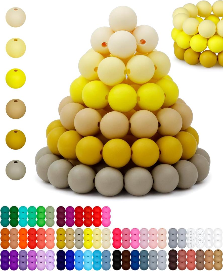 3 x 160PCS FIVEIZERO Silicone Beads for Keychain Making, Yellow Mixed 6 Colors Round Silicone Beads Bulk for Pens, Rubber Bead for Bracelets and DIY Crafts (12mm)