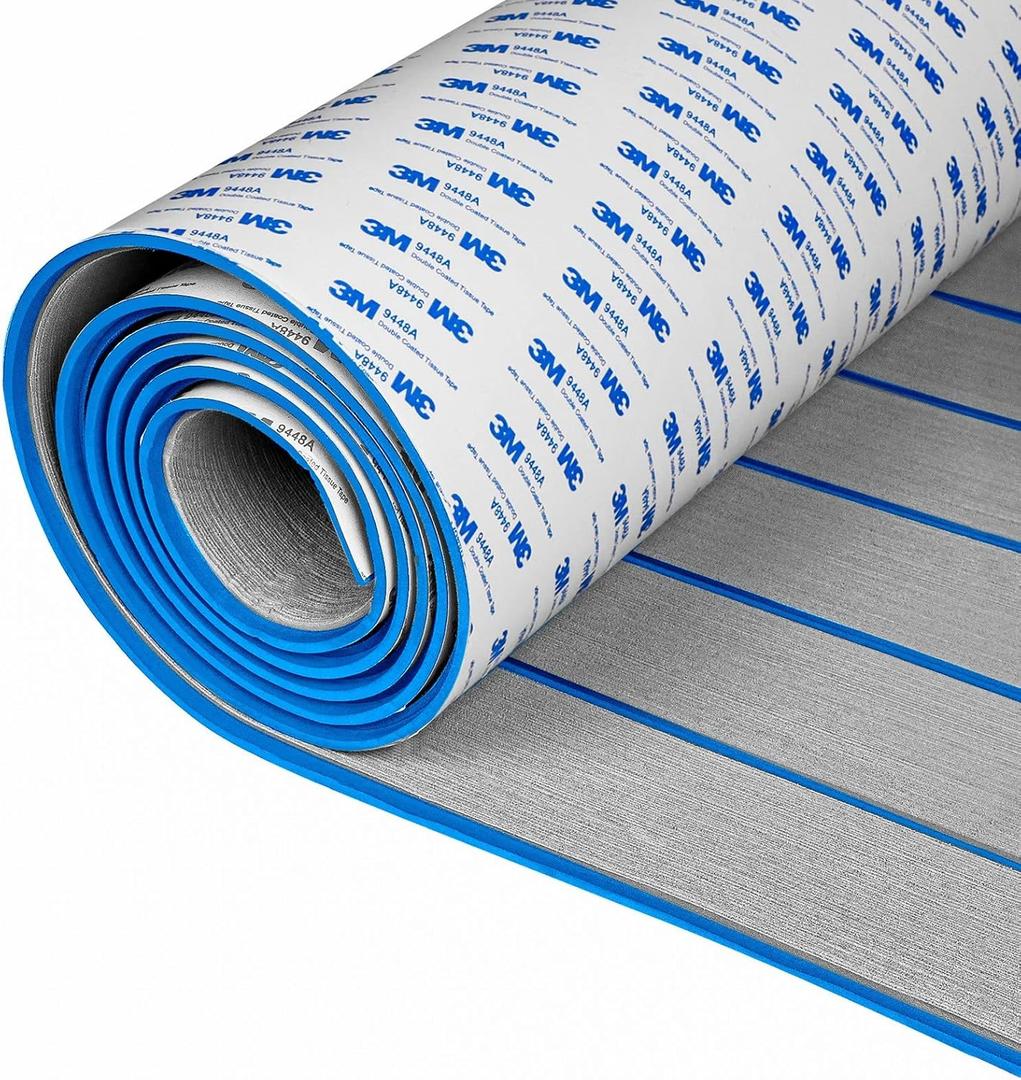 OCEANBROAD EVA Foam Boat Flooring with 3M Adhesive Backing Marine Self-Adhesive Decking 96''x45.6''/36''/28.8''/16.8'', 48''x16.8'' Faux Teak Sheet for Jon Boats Swim Platform Helm Pad RV Floor (96''x45.6''(2pack-60.8sqft), Gray with Blue Seam Lines)