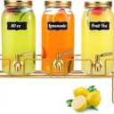 3 Pack 80 oz Glass Beverage Dispenser with Stand Clear Mason Jar Water Dispenser for Party, Fridge Includes Leakproof Stainless Steel Spigot, Black Lid and Label (Gold)