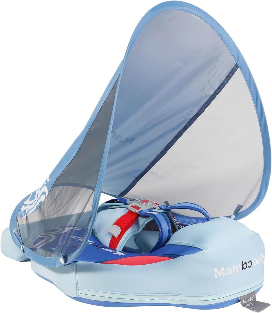 Mambobaby Baby Float with Canopy & Tail Non-Inflatable Baby Swim Float Upgrade Soft Infant Pool Float Sun Protection Newborn Pool Float 3-24 Months Skin-Friendly Material for Toddler Boys Girls (BLUE)