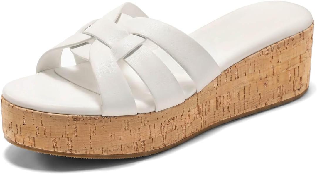 Coutgo Women's Platform Sandals Open Toe Slip On Low Wedge Slides Cork Heeled Beach Vacation Shoes, White, Size 6