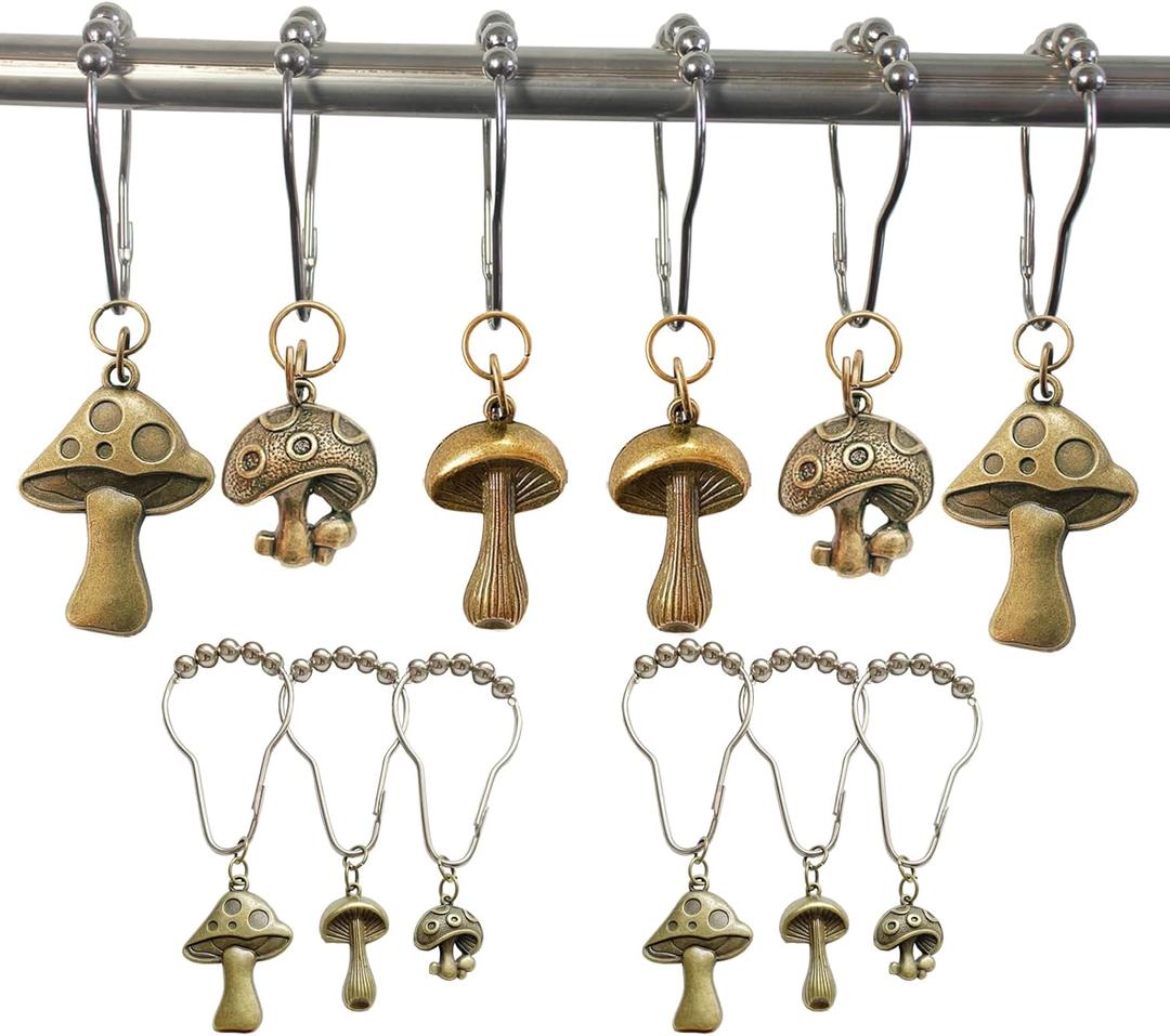 Mushroom Shower Curtain Hooks, 12Pcs Rustproof Metal Cute Retro Mushroom Shower Curtain Hooks Rings for Boho Fairy Forest Country Cottagecore Style Home Bathroom Decor (Bronze)