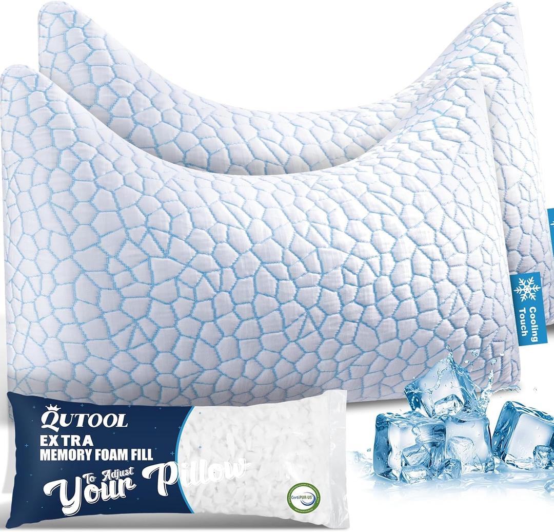 QUTOOL Double Sided Cooling Pillow for Side and Back Sleepers, Adjustable Soft & Firm Shredded Memory Foam Pillows for Neck Pain Relief, Curved Bed Pillows Queen Size Set of 2