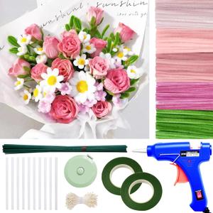 500 Pcs Thick Pipe Cleaners for DIY Flowers & Crafts 5 Colors Chenille Stems with Glue Guns & Tape Measure Perfect for Family Fun & Creativity, Holiday & Room Decorations (Pink, 12in x 8mm)