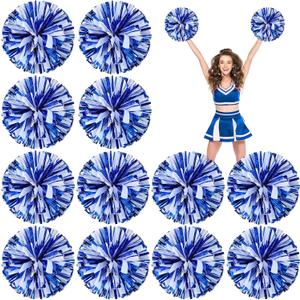 Deekin 12 Pcs Cheerleading Pom Poms Cheerleader Squad Spirited Fun Pompoms 12 Inch Metallic Foil Cheer Pom Poms with Handle Flowers for Sport Team Dance Costume Party 50g Weight Each (Blue and White)