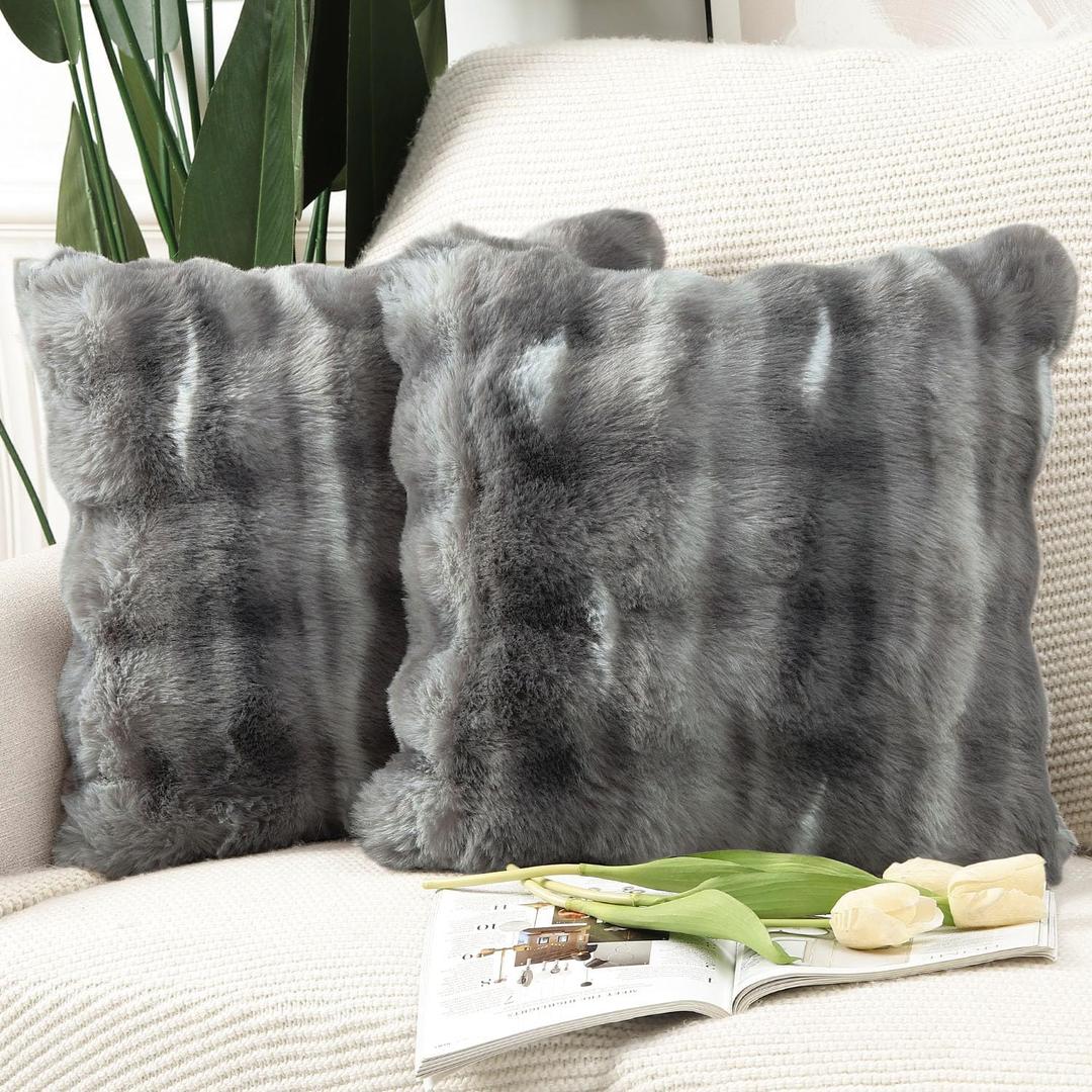 MADIZZ Pack of 2 Thick Plush Faux Wool Throw Pillow Covers Soft Boho Throw Pillows Luxurious Cushion Covers for Couch Sofa Bedroom Living Room Home Decor 18x18 Inch White Grey